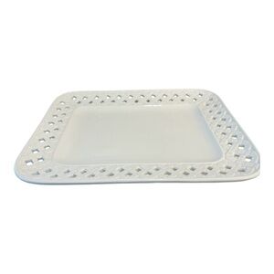 Large Italian Ceramic Lattice Rim Serving Platter 17.5” x 14” White Basketweave